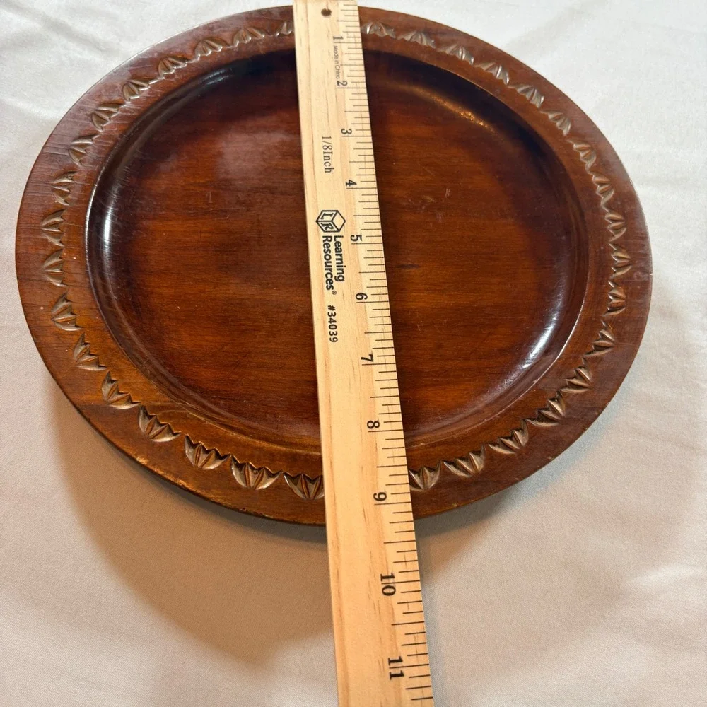 Hand Carved Wooden Charger Plate Round Brown Rustic Home Decor 10.5 Inch
